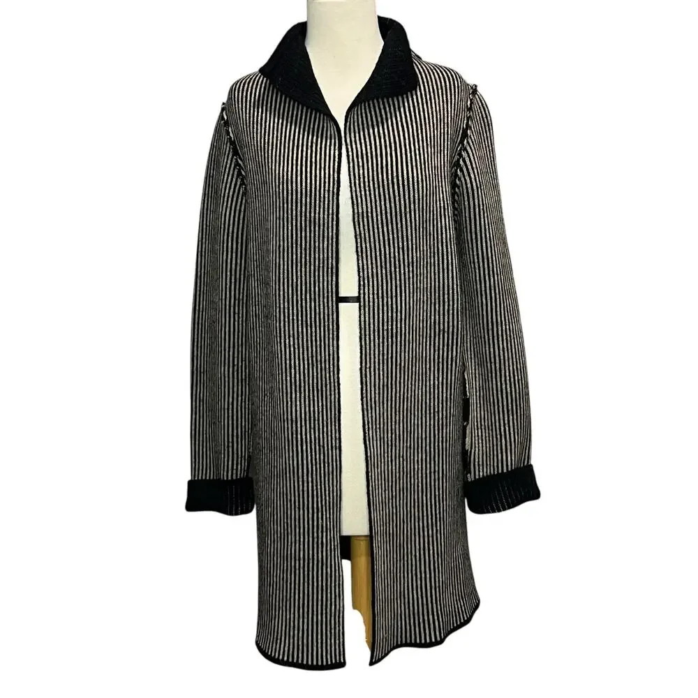 Cocogio Cardigan Sweater M Black‎ Tan Striped Wool Blend Cozy Coatigan Italy
